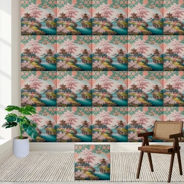 Japanese Pagoda & Cherry Blossom Chinoiserie Tile