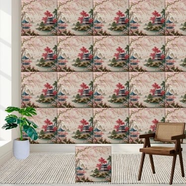 Tranquil Asian Blossom & Pagoda Chinoiserie Tile