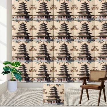 Asian-Inspired Floral Temple Chinoiserie Pagoda Ceramic Tile