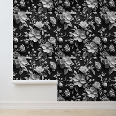 3D Botanical Art Black and White Floral Removable Wallpaper