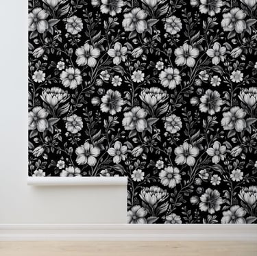 Classic Black and White Floral Wall Covering Wallpaper