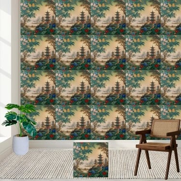 Enchanting Chinoiserie Pagoda and Nature Tile