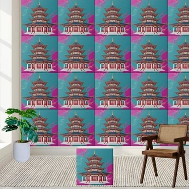 Teal & Magenta Oriental Pagoda Chinoiserie Tile