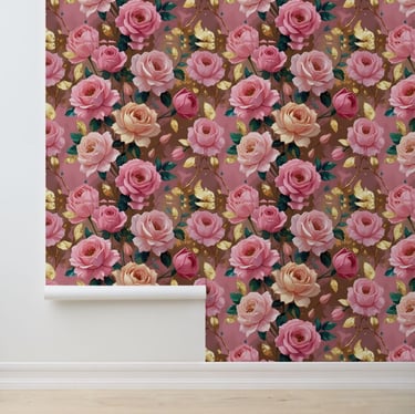 Pink Peach Roses Floral Peel and Stick Wallpaper