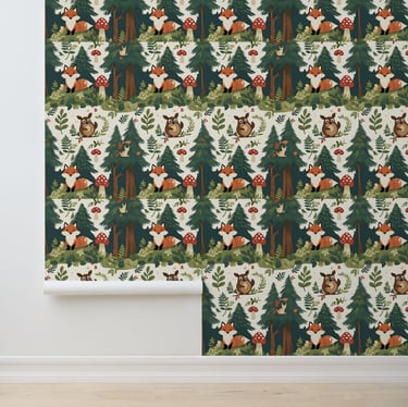 Cozy Forest Mushroom and Wildlife Peel and Stick Wallpaper