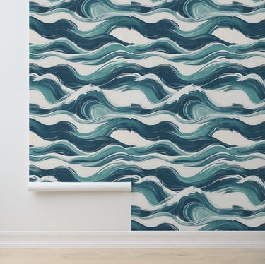 Ocean Waves Artistic Teal Blue White Removable Wallpaper