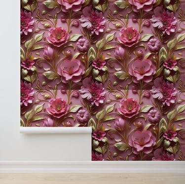 Modern 3D Pink Flower Gold Leaf Peel and Stick Wallpaper