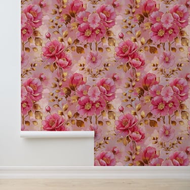 Watercolor Pink Floral Shimmer Gold Peel and Stick Wallpaper