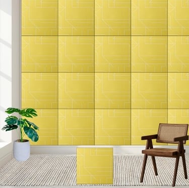 Geometric Yellow and White Line Pattern Ceramic Tile