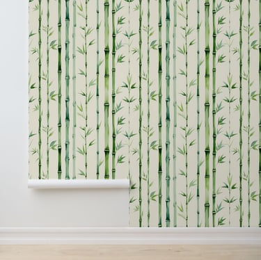 Bamboo Forest Green Leaves Watercolor Removable Wallpaper