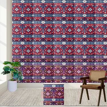 Bold Scandinavian Floral Tile in Red Blue & White