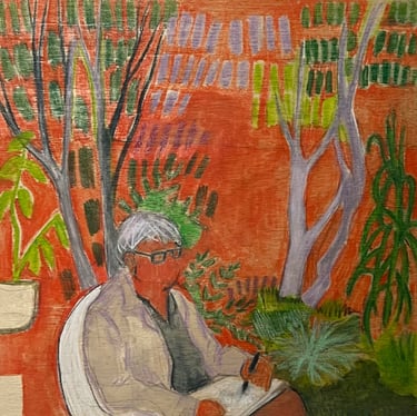 a painting of a man sitting on a chair