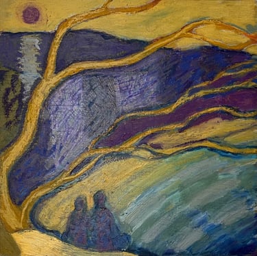 a painting of a tree over two figures looking down to the coastline and mountain