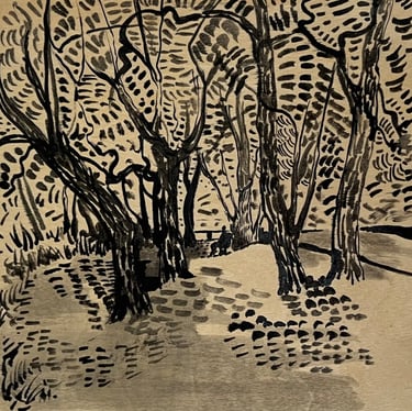 a ink drawings of a person sitting on a beach surrounded by large trees