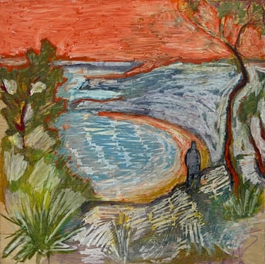 an oil pastel drawing of a person looking out over coastline and mountain