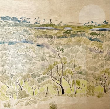 a painting of a landscape with a small power line on the hill surrounded by trees and rock