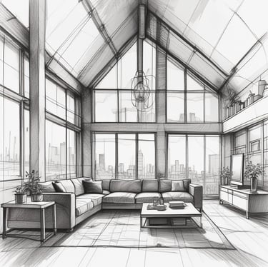 A close-up of a designer sketching a modern interior layout.