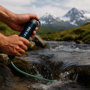 Hand using portable filter straw to drink from flowing creek