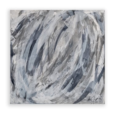 Abstract acrylic canvas painting featuring expressive grey, white, and black circular brushstrokes.