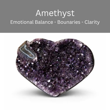Heart-shaped amethyst crystal cluster for emotional balance and clarity on a white background.