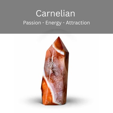 Polished carnelian crystal tower point for passion and energy healing, featuring vibrant orange and white banding.
