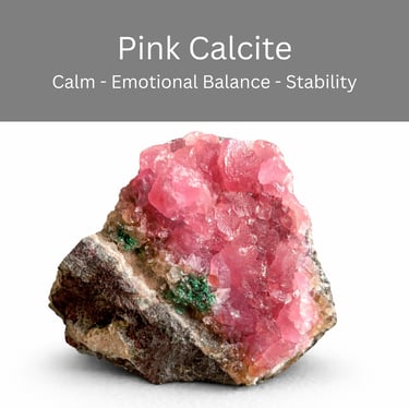 Raw pink calcite crystal cluster on a natural stone base for emotional balance and stability.