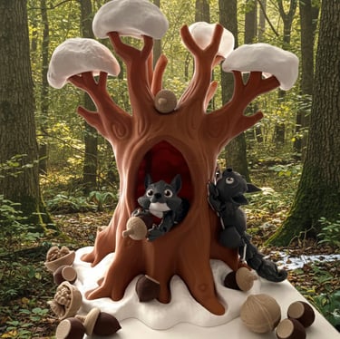 a winter scene featuring squirrels and a tree stump