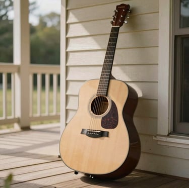 Nostalgic close-up of an acoustic guitar case sitting on a sun-drenched wooden porch of a North American / US cabin, soft focus with warm cream and sand tones.