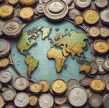 A dynamic global trading floor with multiple screens showing commodities prices, forex charts, and crypto trends under vibrant lighting.