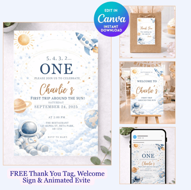 First Trip Around the Sun Birthday Bundle - Thank You Tag, Welcome Sign & Video Invite
