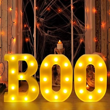 White LED marquee letters spelling "BOO" with glitter finish, perfect Halloween decoration for home,