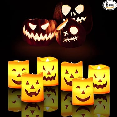 6 mini flameless Jack-o'-Lantern tea light candles for Halloween home decoration with LED lights
