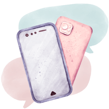 Two phones and speech bubbles to book a free discovery call with Julie Mitrovic, coach 