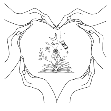 mani a cuore con al centro un libro da cui emergono cose preziose, libroterapia