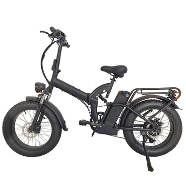 a black and white electric bike with a black seat