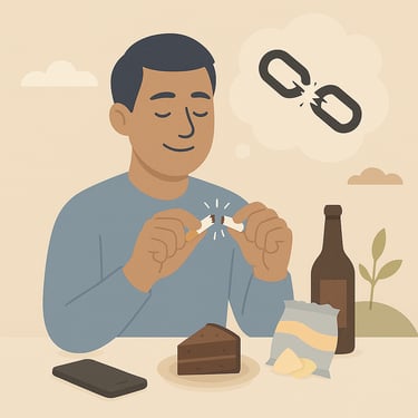 a man sitting at a table with cake, chips, alcool, breaking a cigarette to free himself