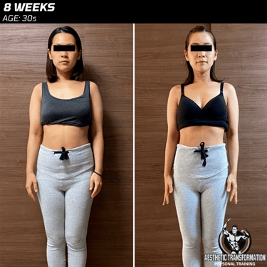 Sara's front view before and after online fitness transformation.