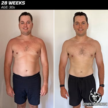 Beau's front view before and after online fitness transformation.