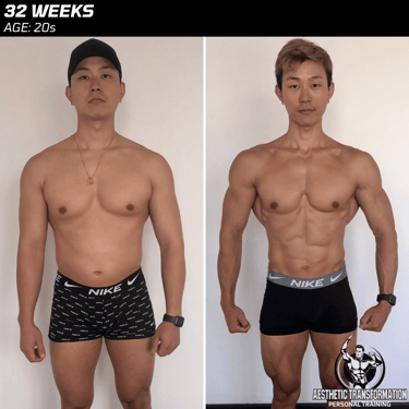 Sho's front view before and after online fitness transformation.