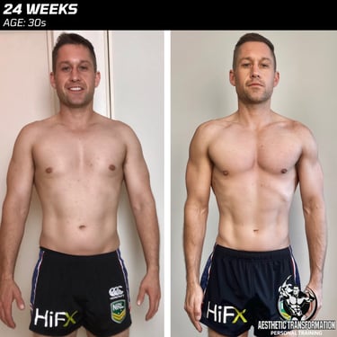 Dan's front view before and after his online fitness transformation with Aesthetic Transformation.