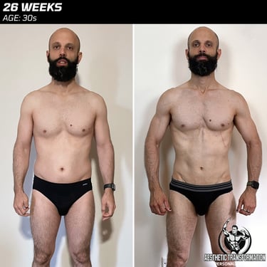 Marco's front view before and after online fitness transformation.
