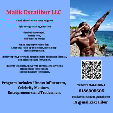 Malik Excalibur LLC youth fitness and wellness program flyer featuring a trainer by the ocean and program details.