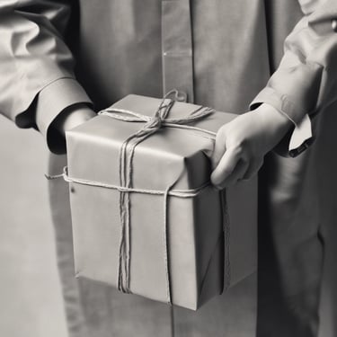 Wicker hamper basket with brown leather straps, lid slightly open showing baklawa and mamoul inside