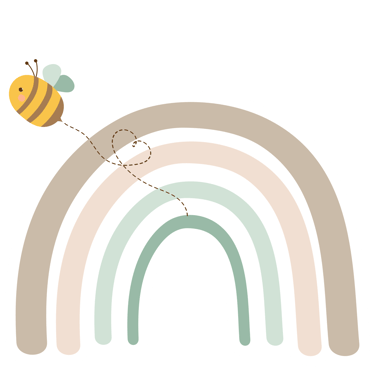 HoneyTree Craftery Logo. Image of a brand colored rainbow and a honeybee with a flight trail behind him shaped like a heart.