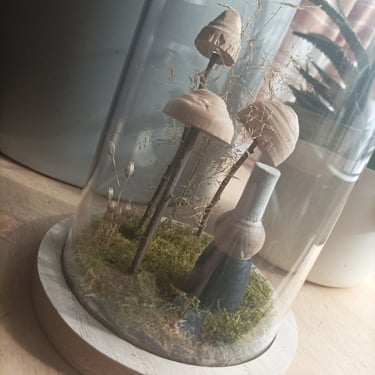 Bigoudène et champignons en bois sous cloche.