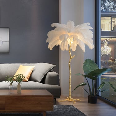 MNK-FL135 resin ostrich feather retro floor lamp white feather bedroom lamp