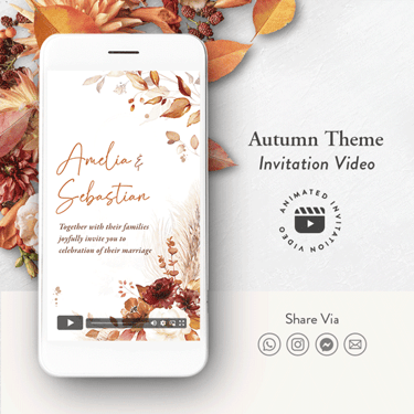 animated fall wedding invitation video, digital boho wedding invitation video, autumn wedding invite
