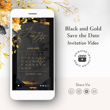 black save the date wedding invitation video template, animated black gold save the date invitation