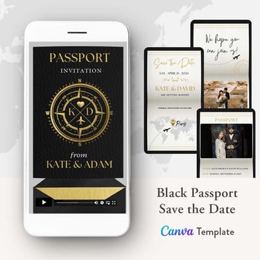 black passport save the date invitation video template, digital black and gold save the date invite