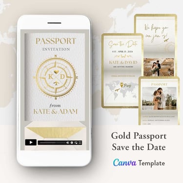 Gold passport save the date invitation video template, animated digital destination save the date